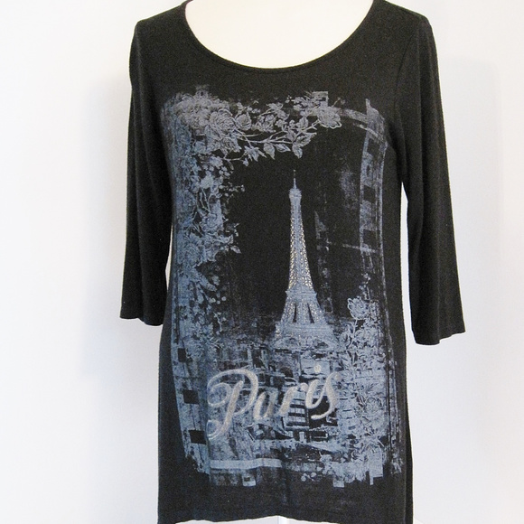 Paris Eiffel Tower-Knit Black T-Shirt-Shaped Hem - Picture 1 of 5